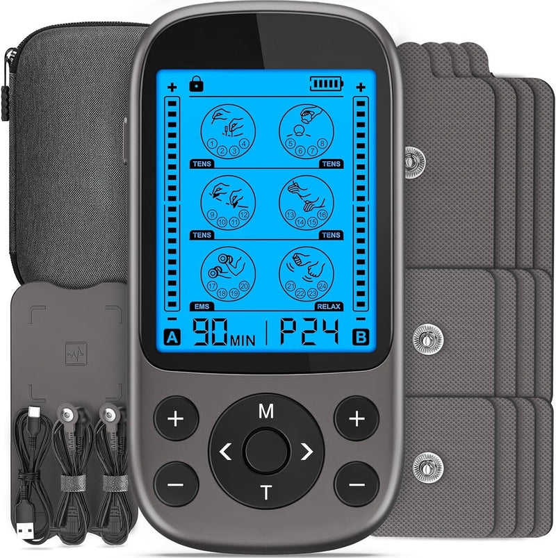 Dual Channel TENS and EMS Muscle Stimulator – Rechargeable Pain Relief Device with 12 Pads